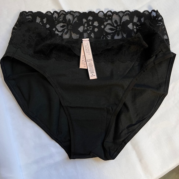 Victoria Secret Lace Waist Cotton High Leg Brief Pantie Super Soft stretch Black - Picture 4 of 6